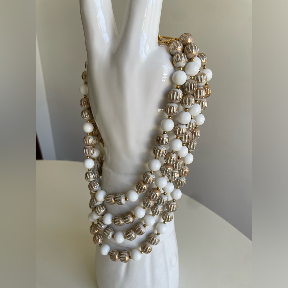 Vintage Signed Kenneth Lane 5-Strand White & Gold Bead Statement Necklace